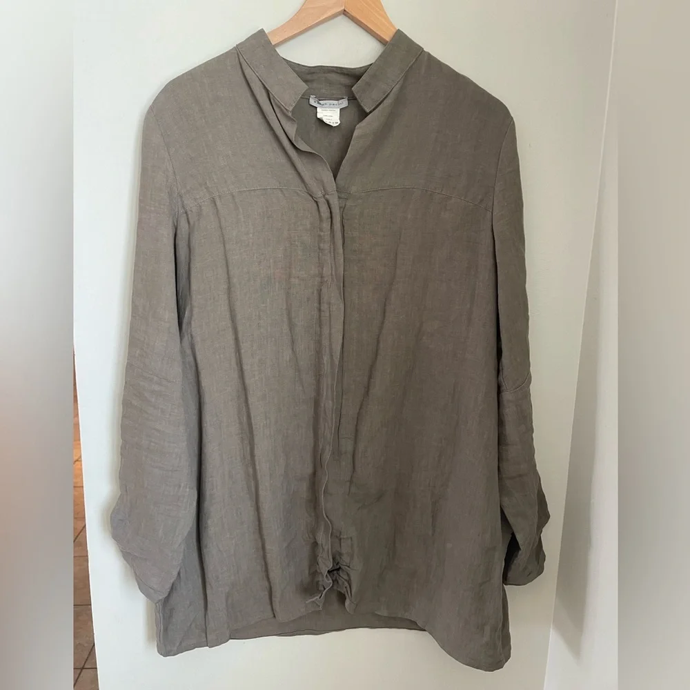 Sarah Pacini Italy 100% Linen Lagenlook Shirt Jacket Taupe S Granola Gorpcore - Picture 1 of 12